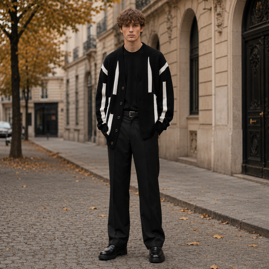 Cardigan homme noir à rayures blanches, col V et boutons sur le devant
