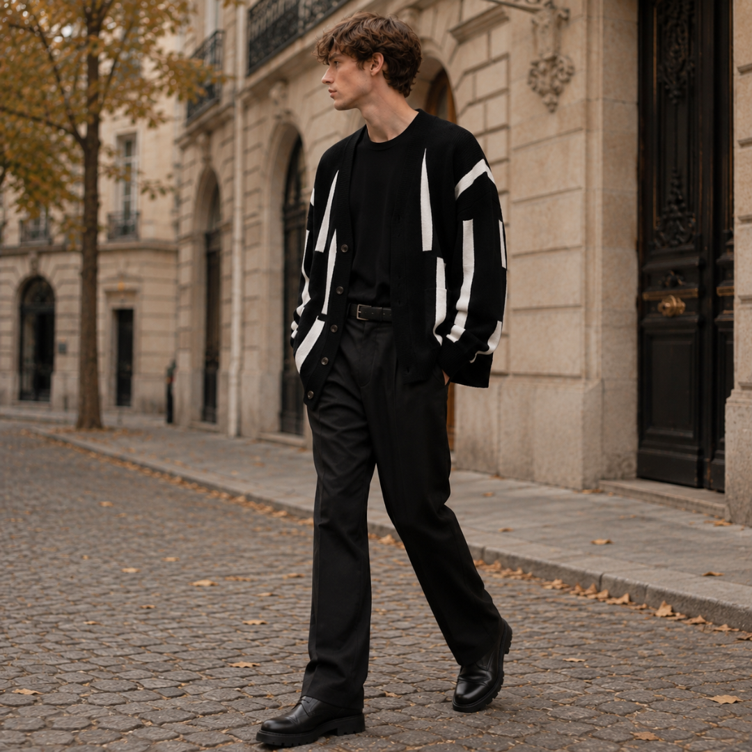 Homme en marche portant le cardigan noir rayé blanc, manches longues et poches devant