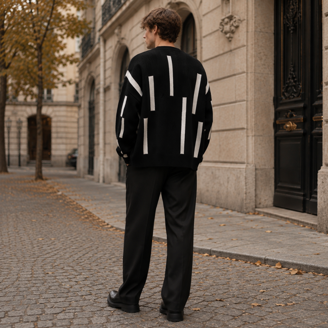 Dos du cardigan homme noir orné de rayures verticales blanches et finitions côtelées