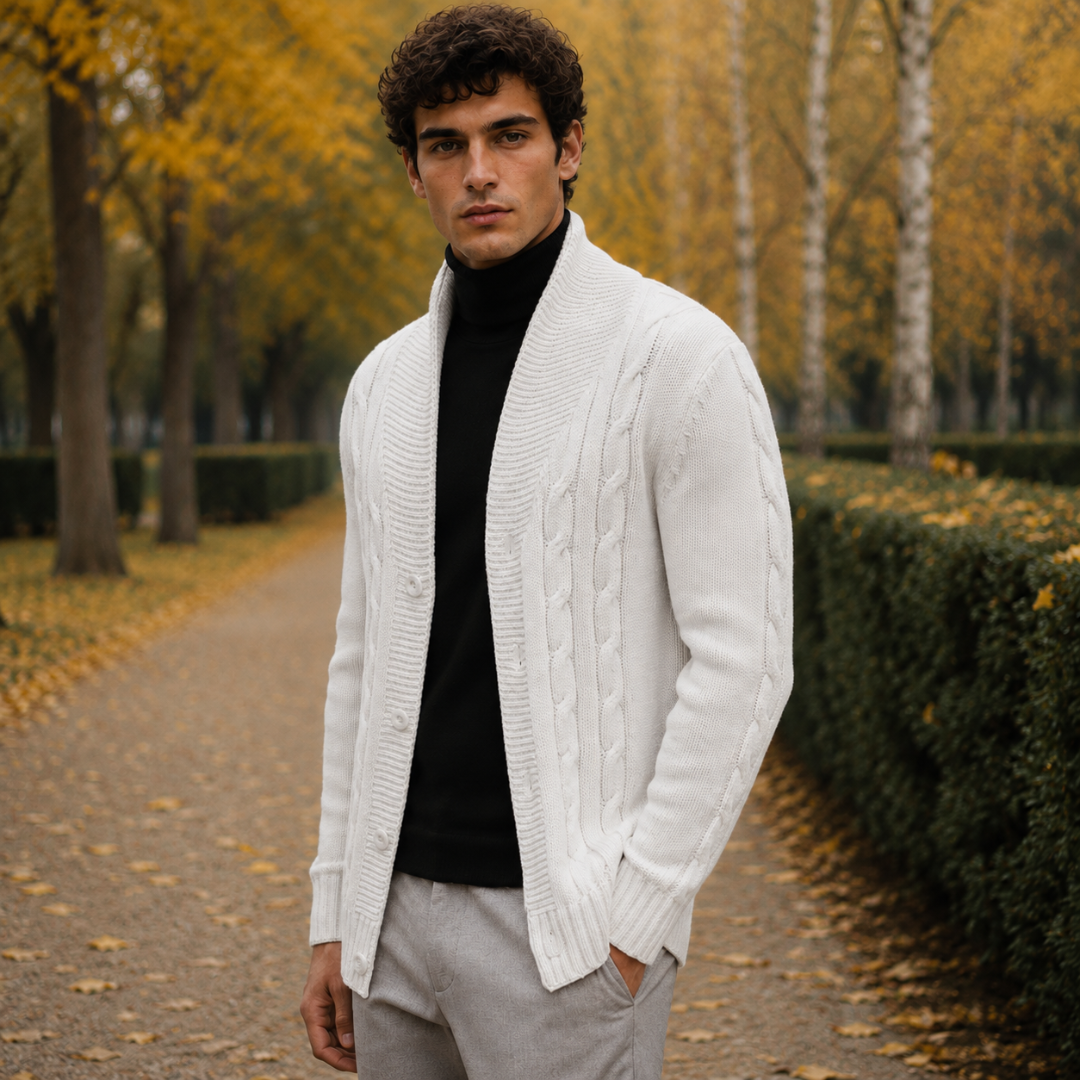 Cardigan blanc homme col châle avec boutons devant et poignets côtelés
