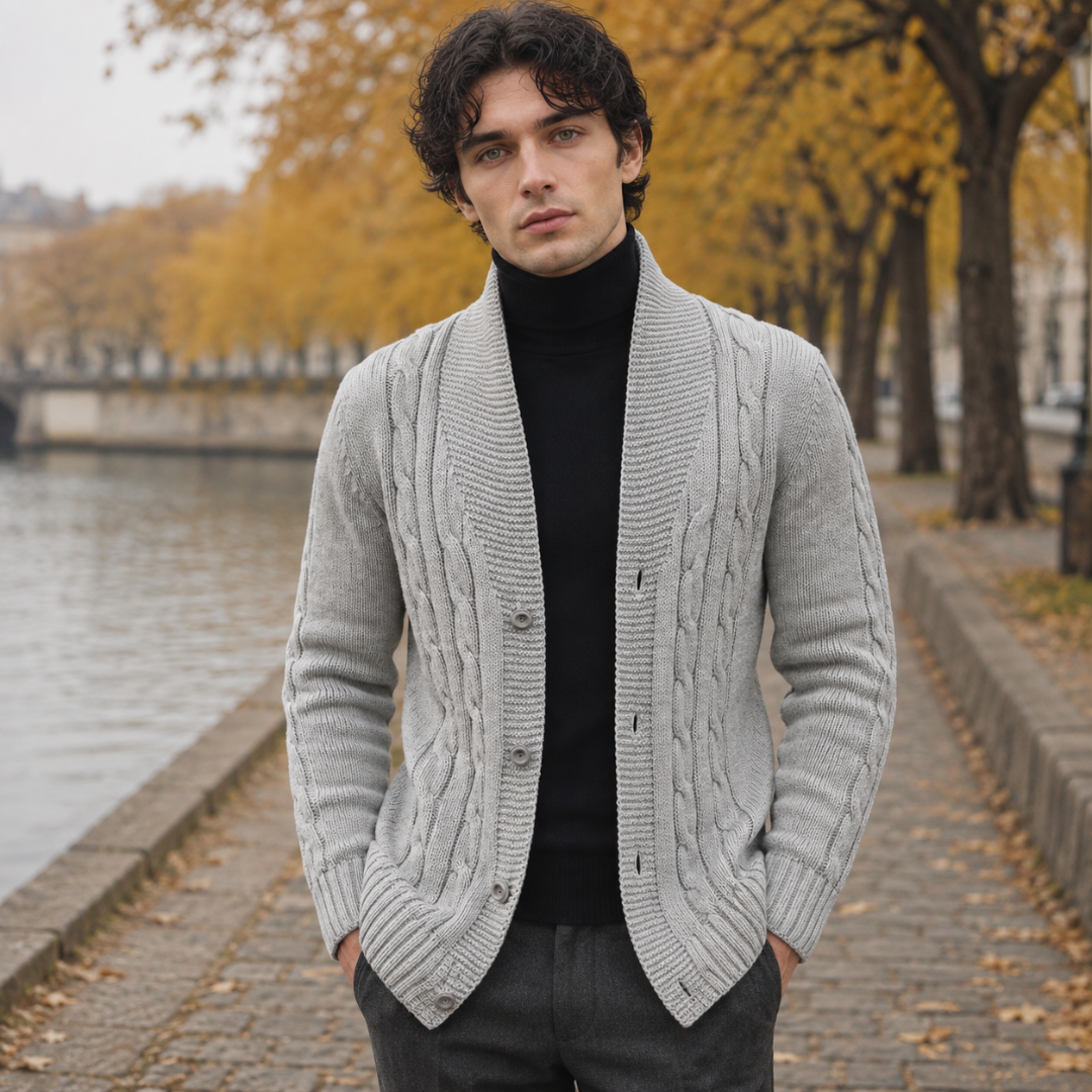 Cardigan homme gris clair à col châle, boutons devant et poches