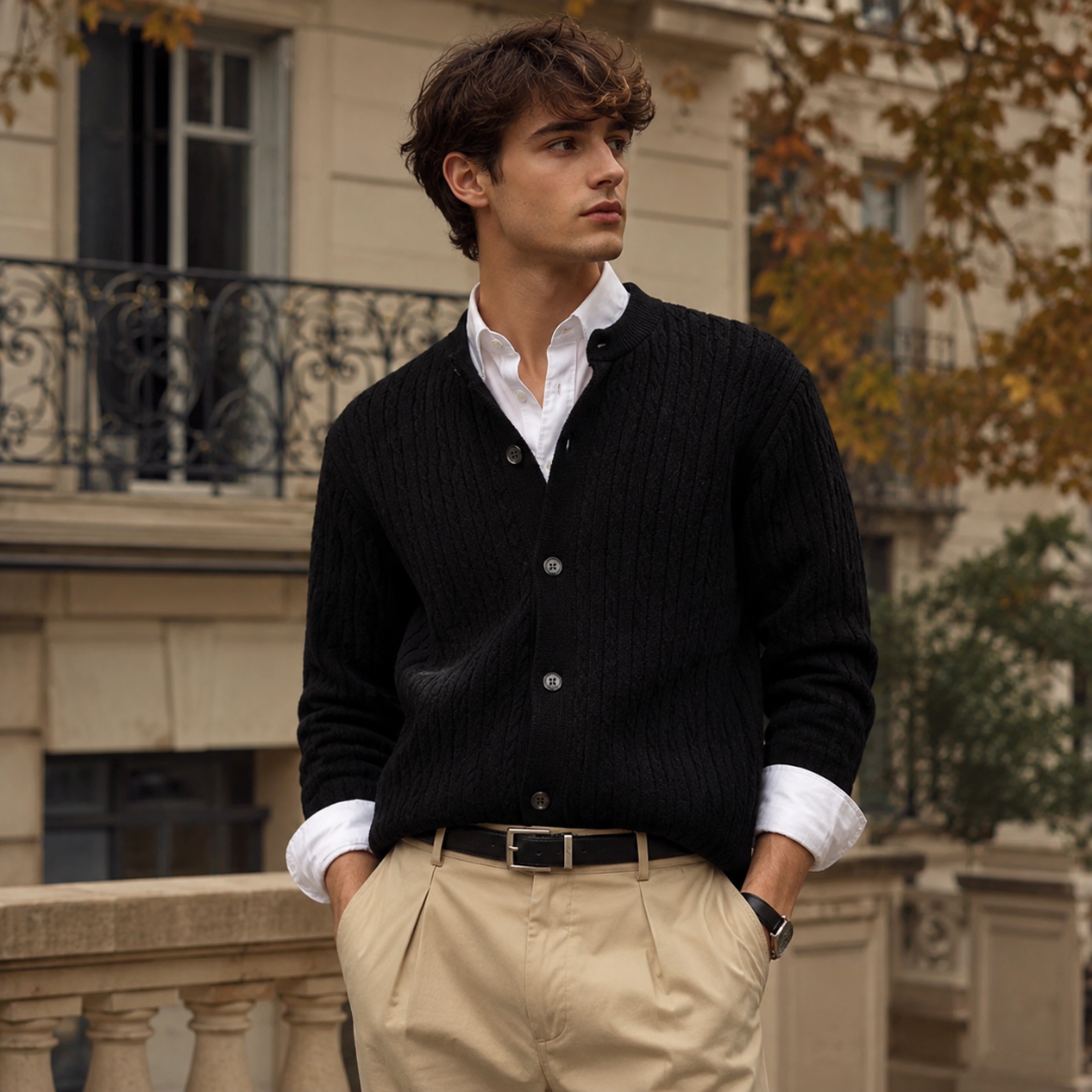 Cardigan homme noir torsadé à col montant, boutons contrastés et manches longues