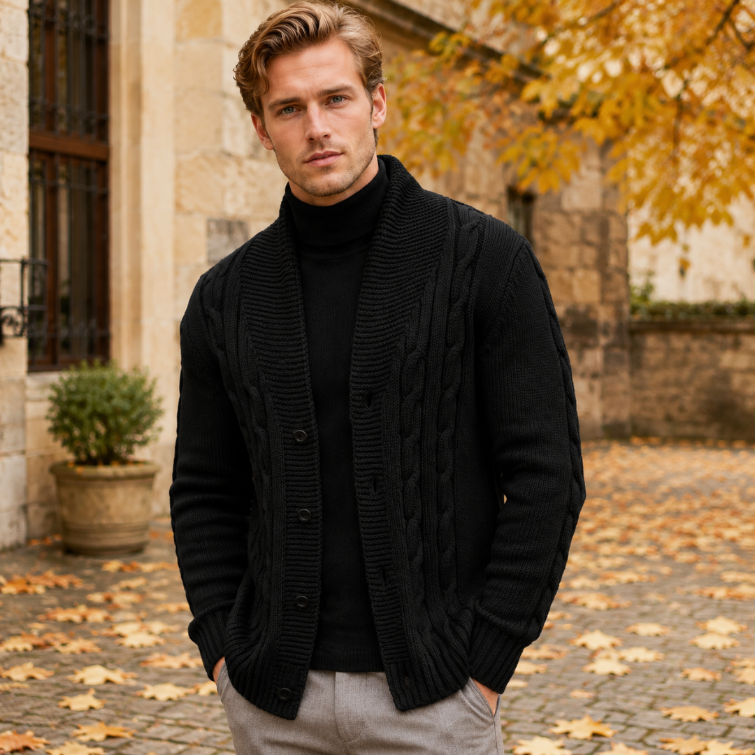 Cardigan homme noir en maille torsadée avec col châle et boutons