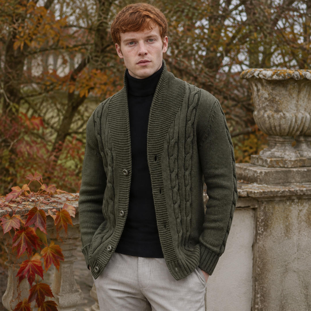 Cardigan homme vert armée en maille torsadée avec large col châle