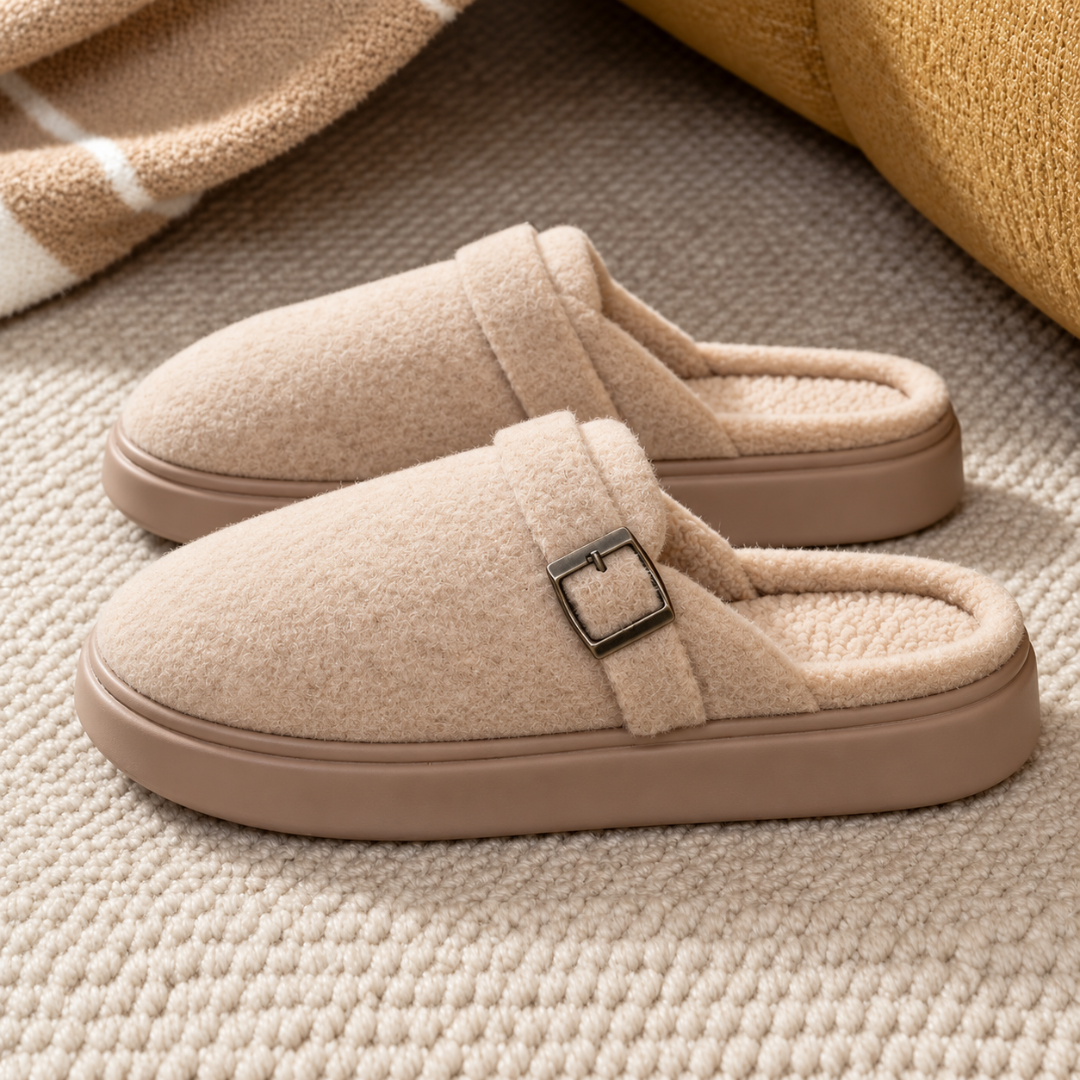 Chaussons beige de profil, boucle métallique et semelle plateforme ton sur ton