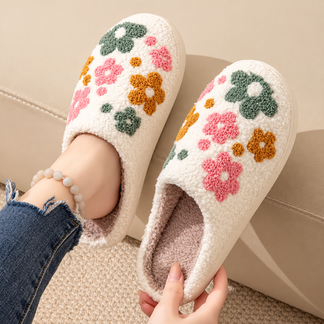 Chaussons femme blancs à fleurs brodées roses, vertes et moutarde portés au pied