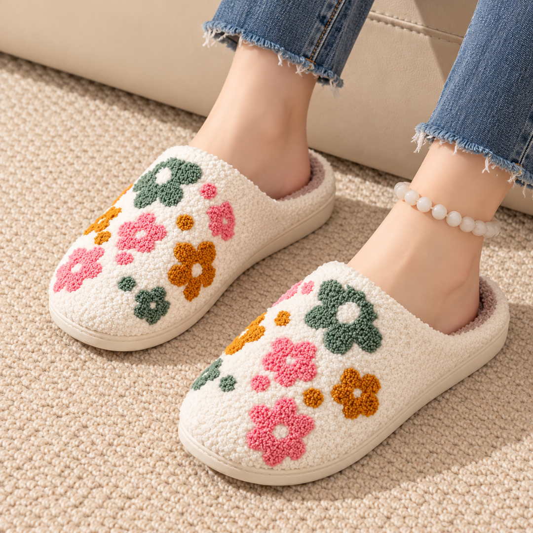 Chaussons femme à motifs fleuris brodés portés au pied, dos ouvert bien visible