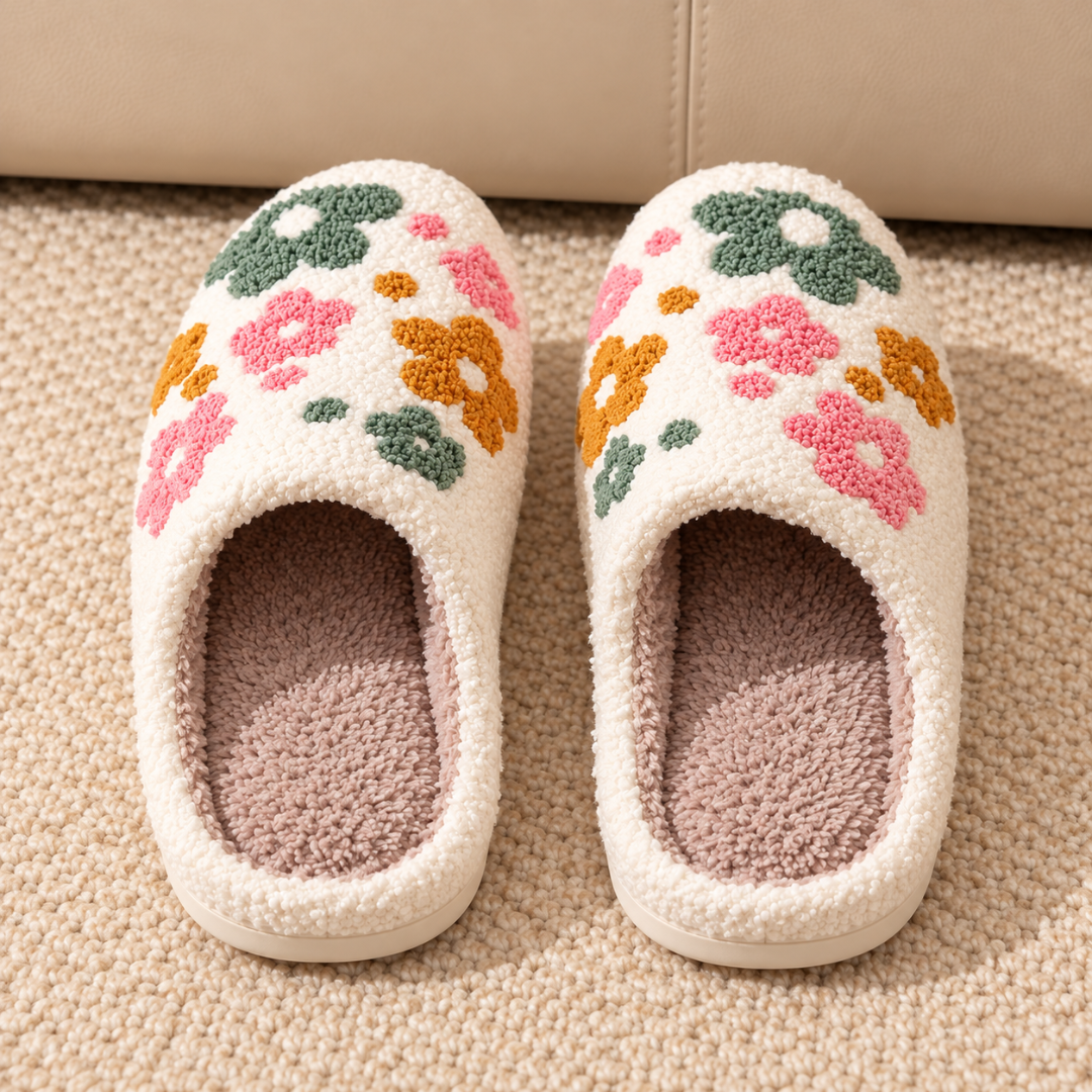 Paire de chaussons femme fleuris vue de face avec intérieur contrasté rosé