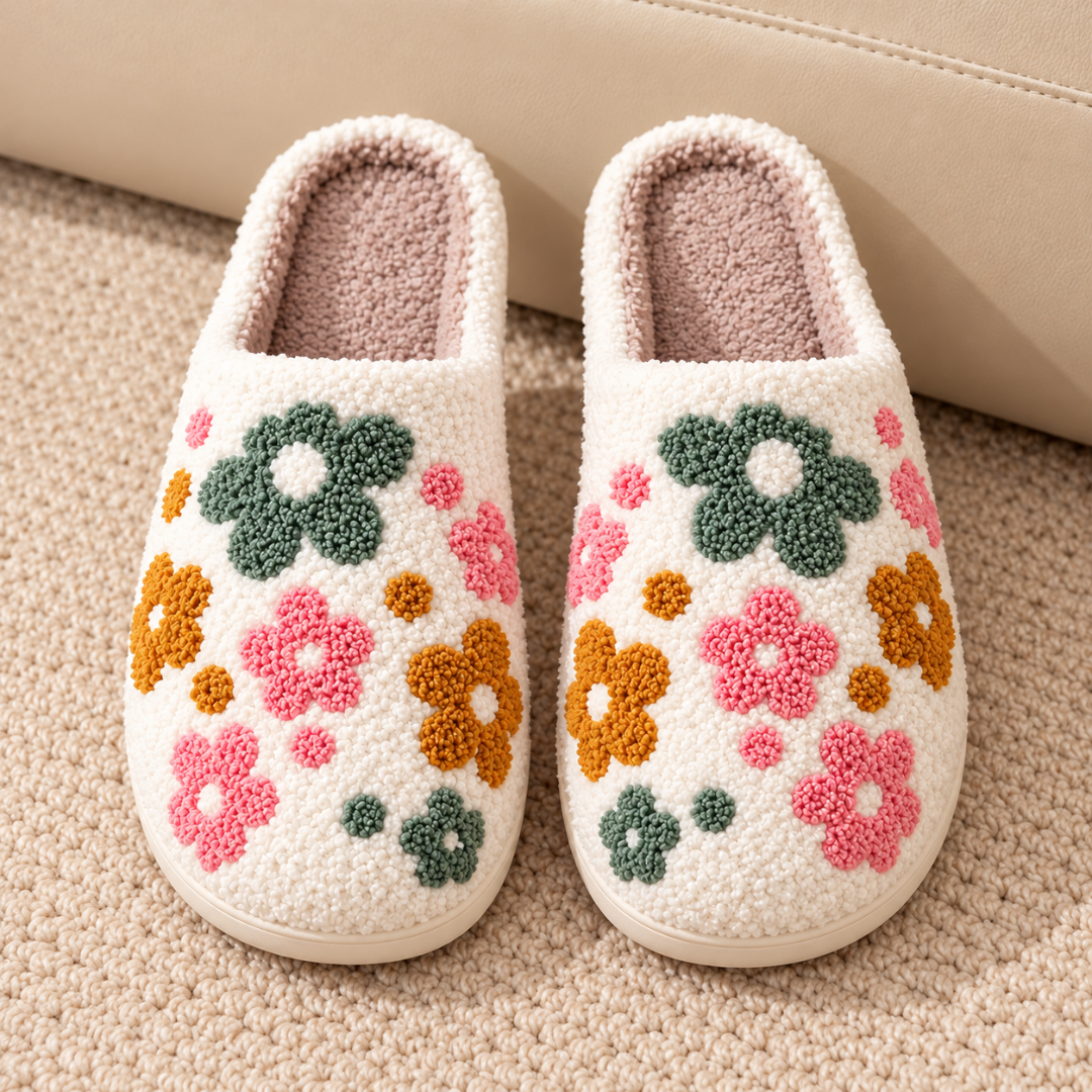 Chaussons femme blancs couverts de fleurs brodées en relief sur tapis beige