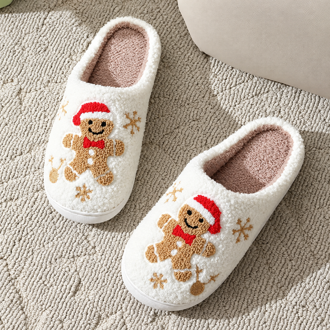 Chaussons femme blancs à bonhomme en pain d'épices brodé et flocons dorés