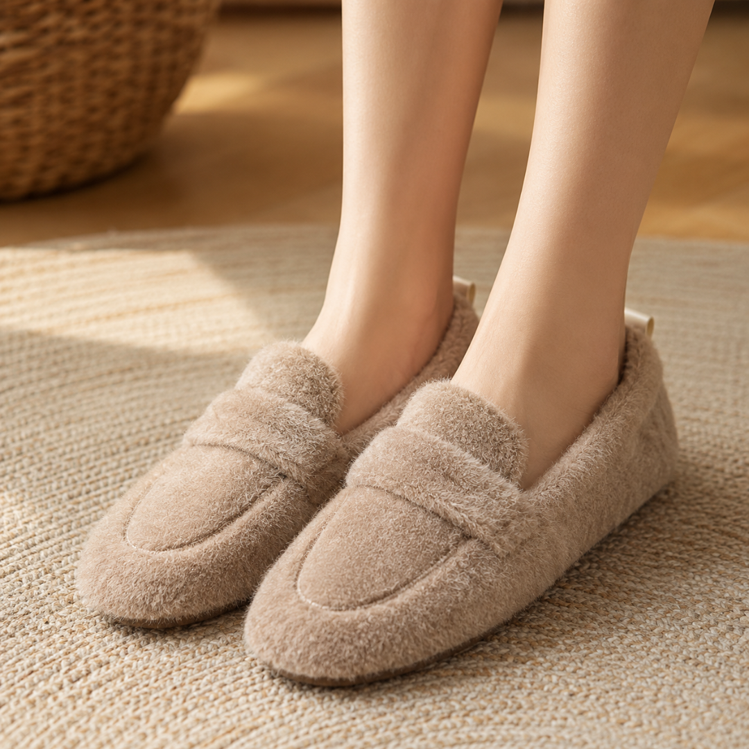 Chaussons femme beiges duveteux portés sur un tapis, bride sur le dessus