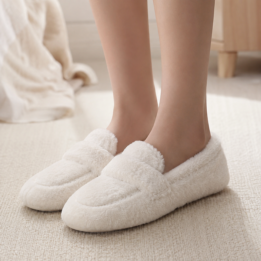 Chaussons blancs façon mocassin de trois quarts, bout rond et semelle plate