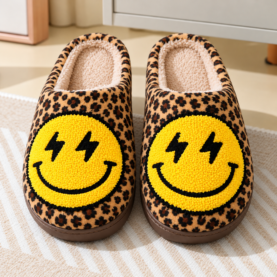 Paire de chaussons léopard vue de face, smiley jaune aux yeux éclair