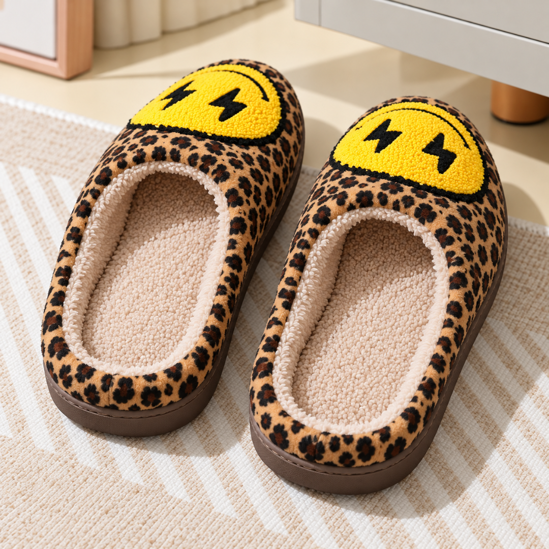 Chaussons léopard vus du dessus, intérieur beige à aspect bouclé