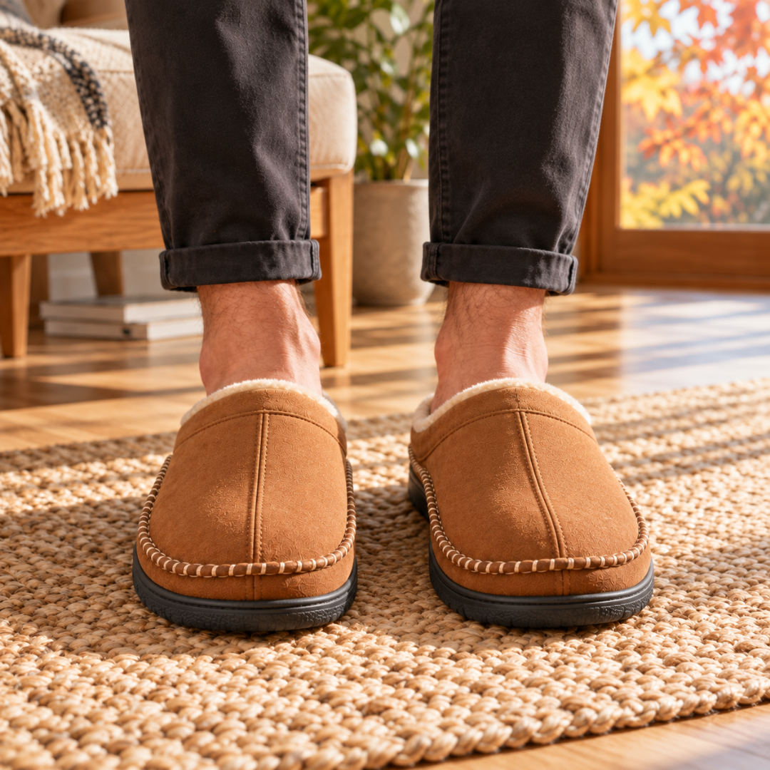 Chaussons homme brun portés de face, surpiqûres claires et doublure moelleuse écrue