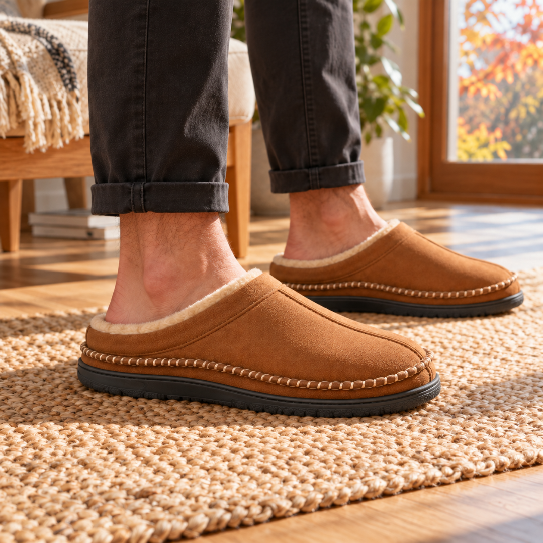 Chaussons homme brun vus de côté, semelle noire crantée et col douillet
