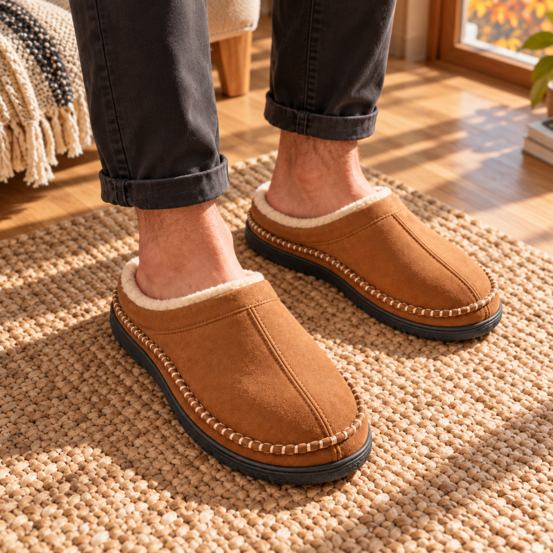 Chaussons homme brun en plongée, couture centrale et surpiqûres contrastées visibles