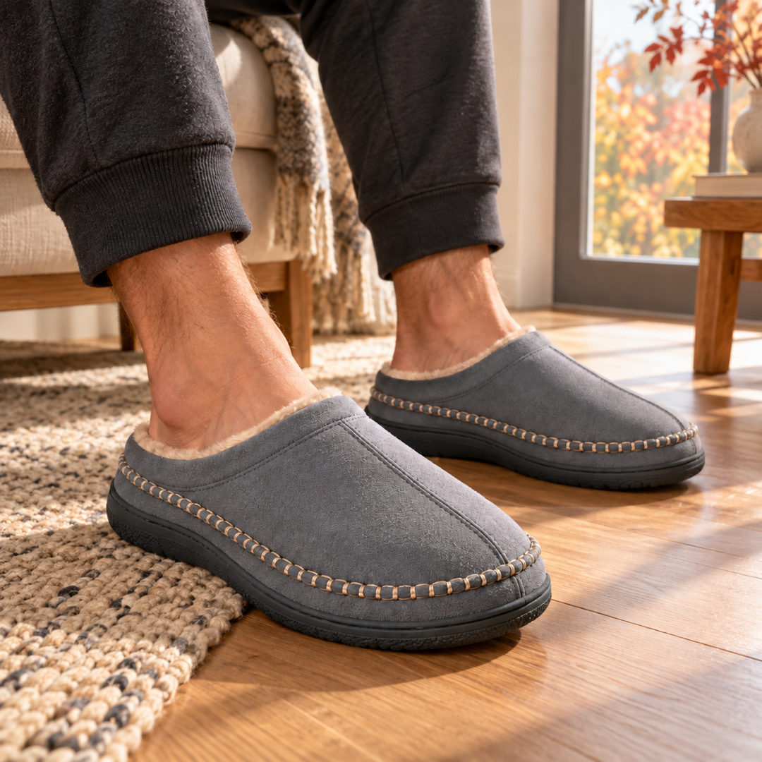 Chaussons homme gris portés au salon, surpiqûres beiges et intérieur duveteux