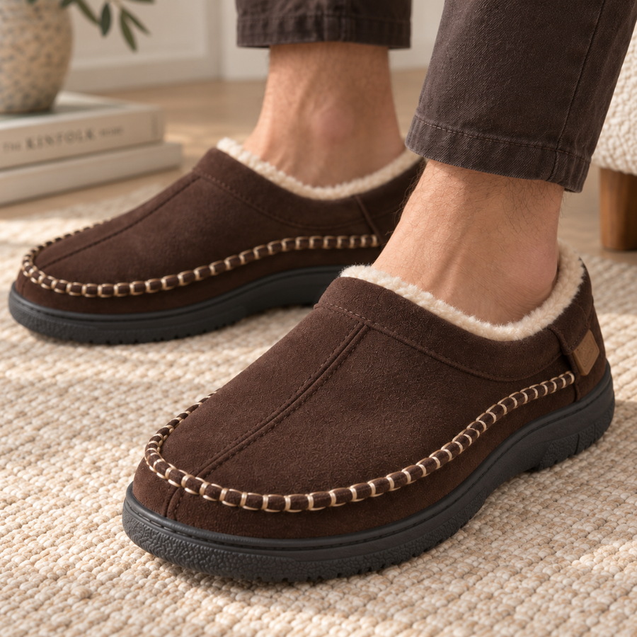 Chaussons homme marron foncé portés, col duveteux crème et surpiqûres claires bien visibles