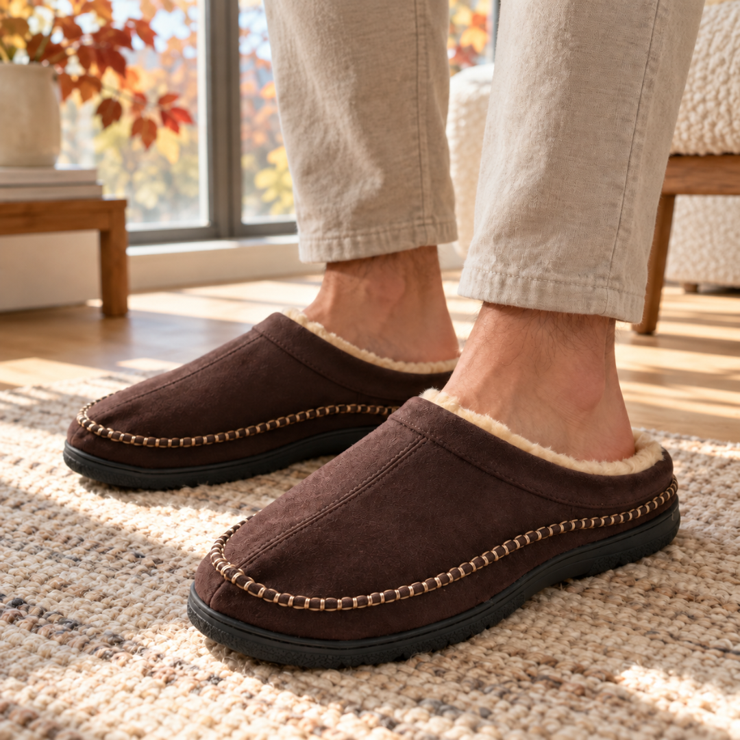 Chaussons homme marron foncé, bordure crème et surpiqûres claires sur le pourtour