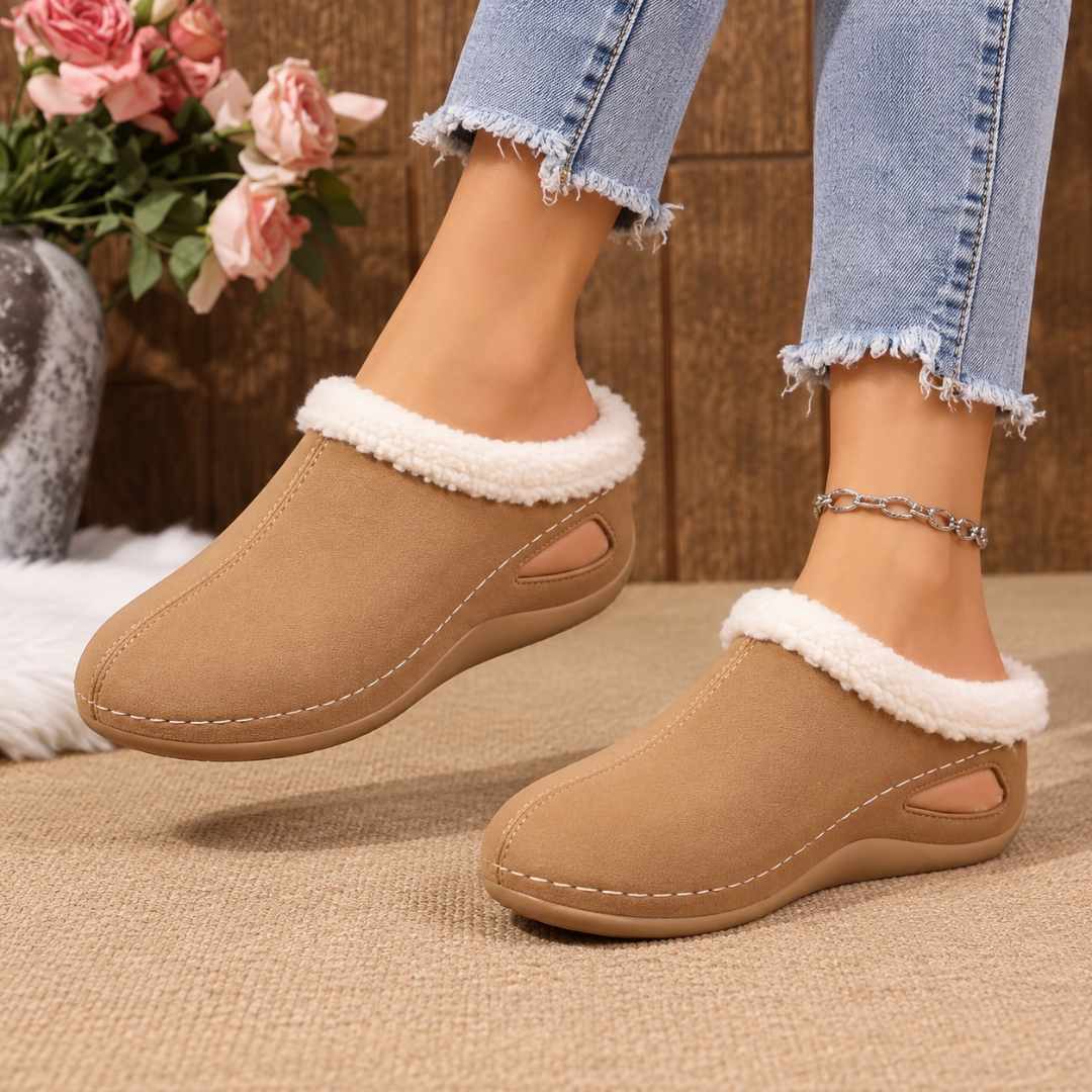 Chaussures femme marron de profil, découpe latérale en goutte et bout rond fermé
