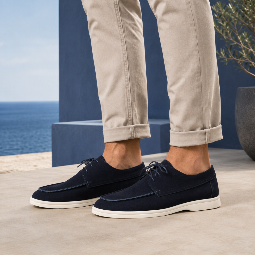 Chaussures homme bleu marine à semelle claire portées face à l'océan