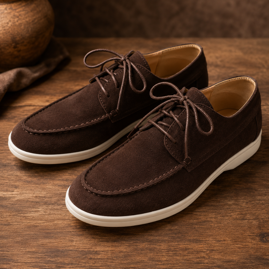 Paire de chaussures homme marron à lacets et semelle blanche sur bois