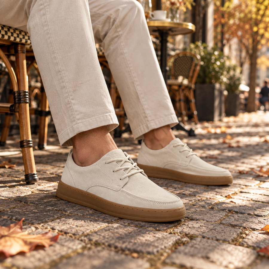 Chaussures homme blanches à lacets, bout mocassin surpiqué et semelle gomme contrastée