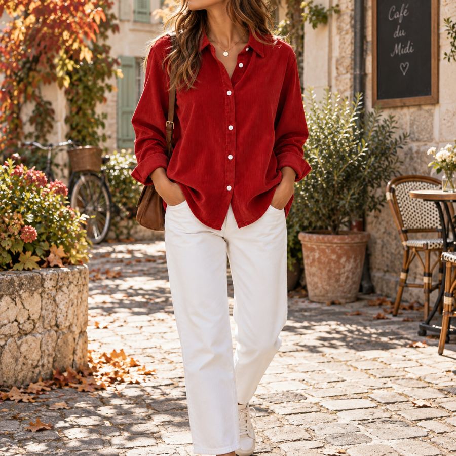 Chemise femme en velours côtelé bordeaux à boutons blancs portée avec un pantalon blanc