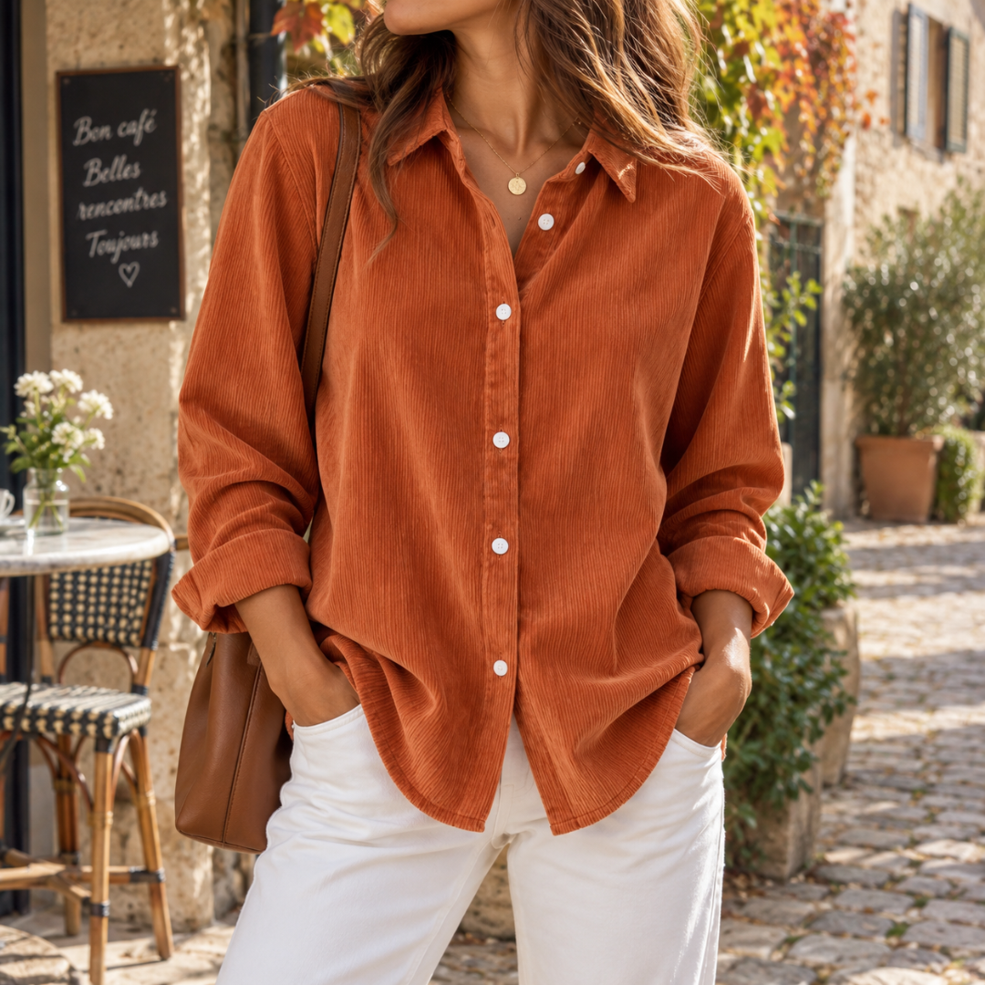 Chemise caramel en velours côtelé à manches longues retroussées et bas arrondi