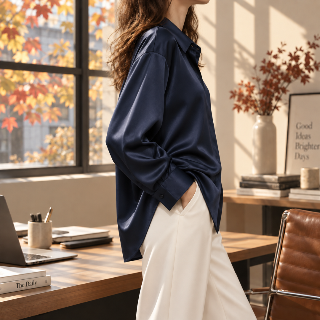 Vue de profil de la chemise bleu marine avec épaule tombante et poignet boutonné