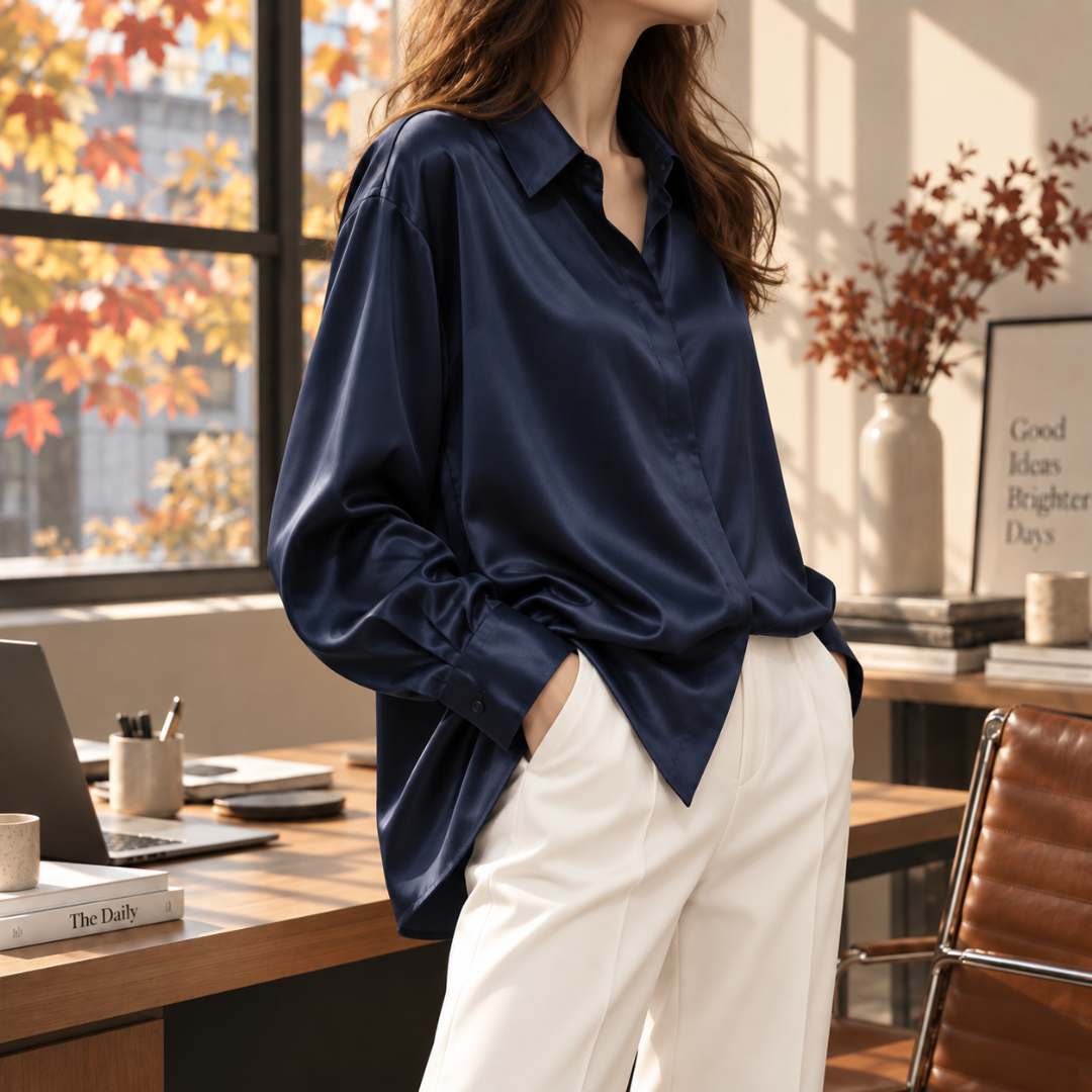 Chemise bleu marine portée ouverte sur un pantalon large blanc au bureau