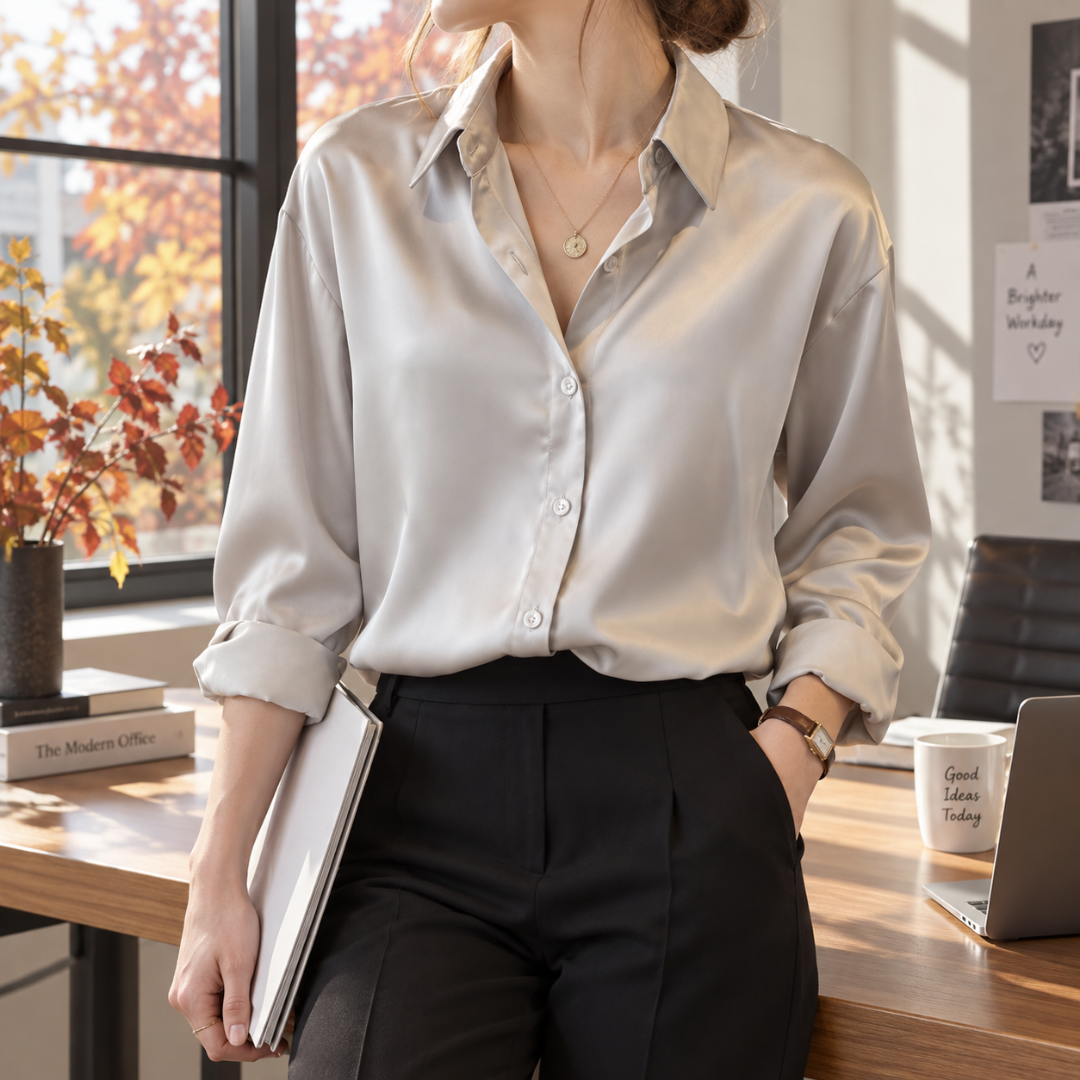 Chemise femme champagne abricot à col pointu, manches retroussées sur les avant-bras