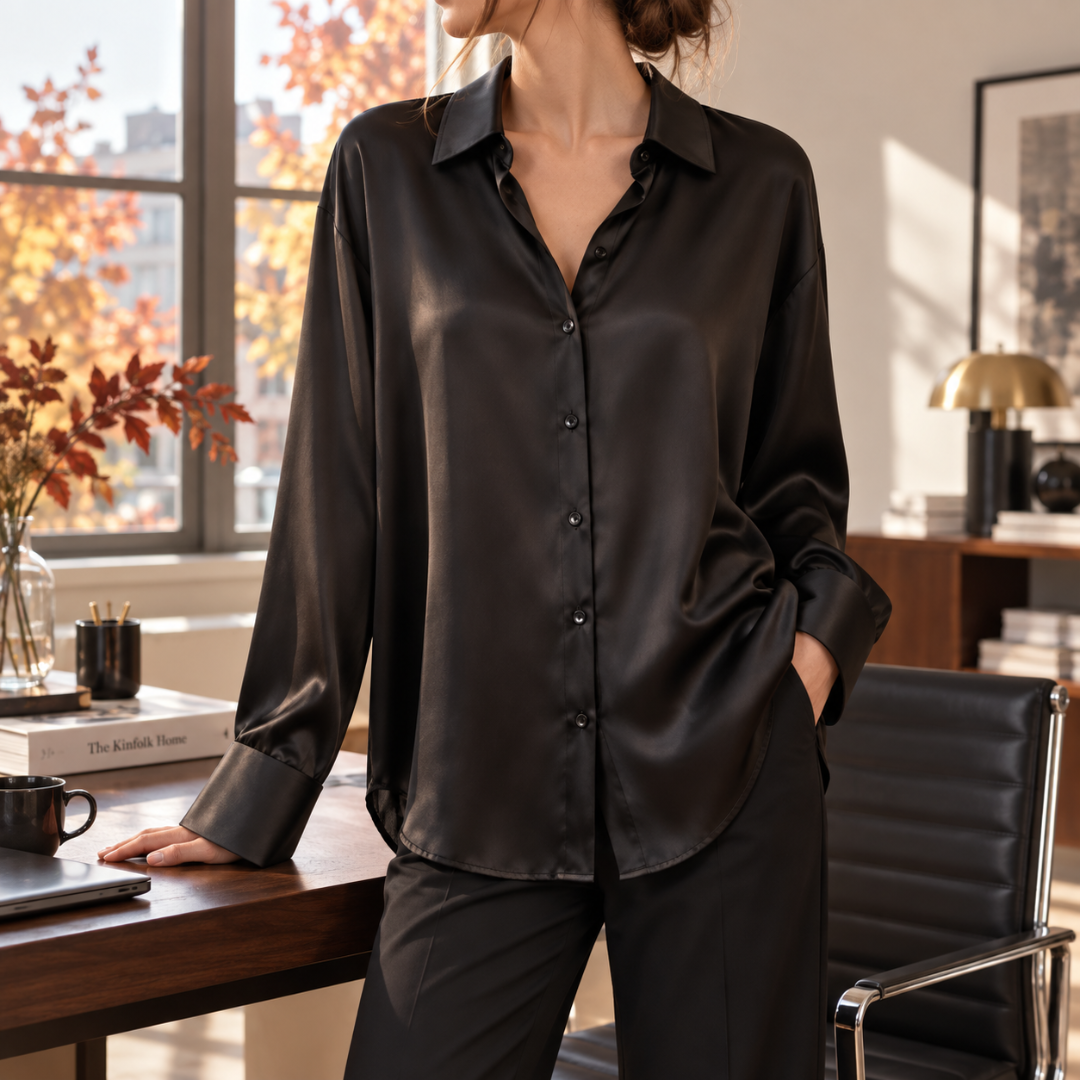 Chemise femme chocolat foncé à col pointu ouvert et bas arrondi