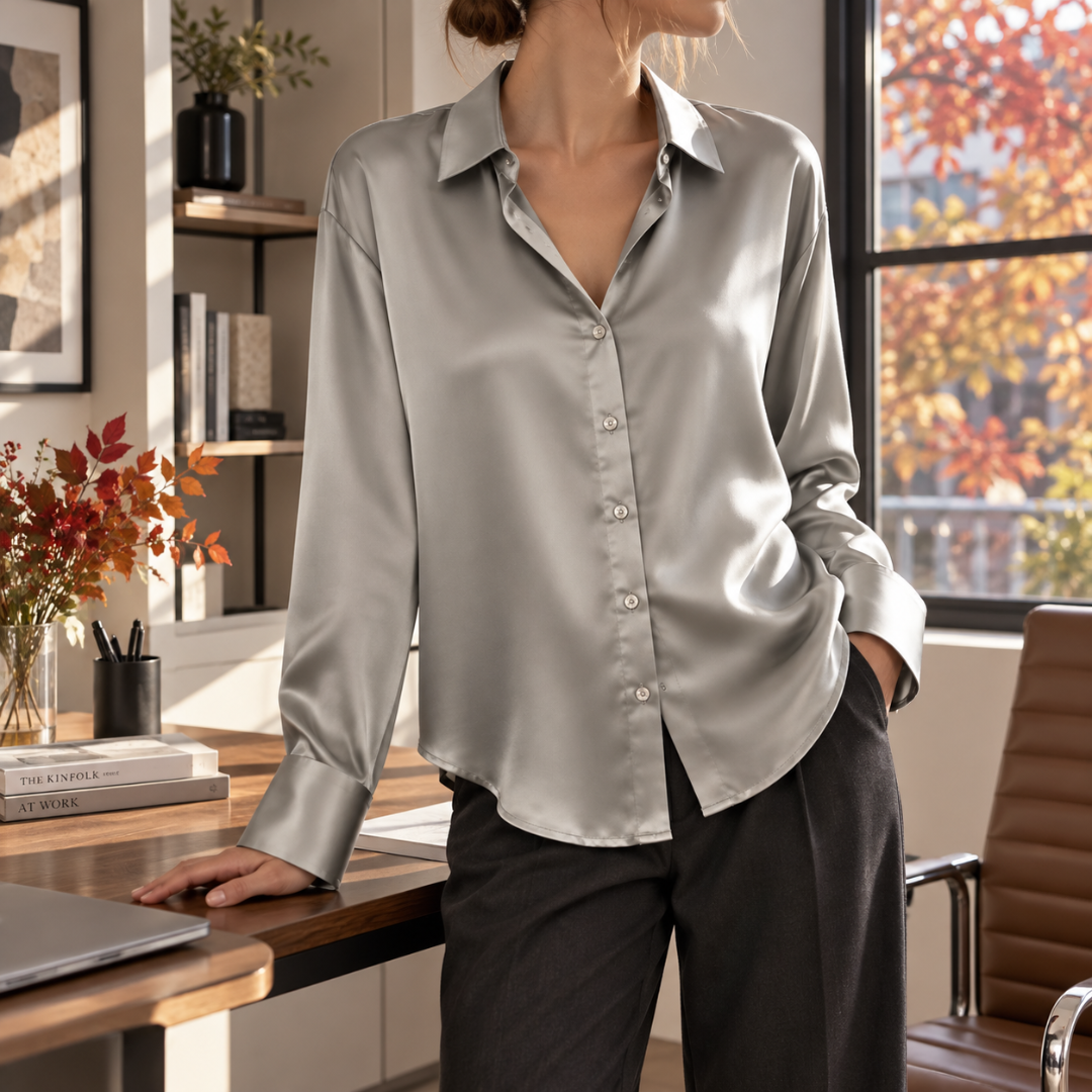 Chemise femme gris argenté à effet satiné, boutons clairs et poignets boutonnés