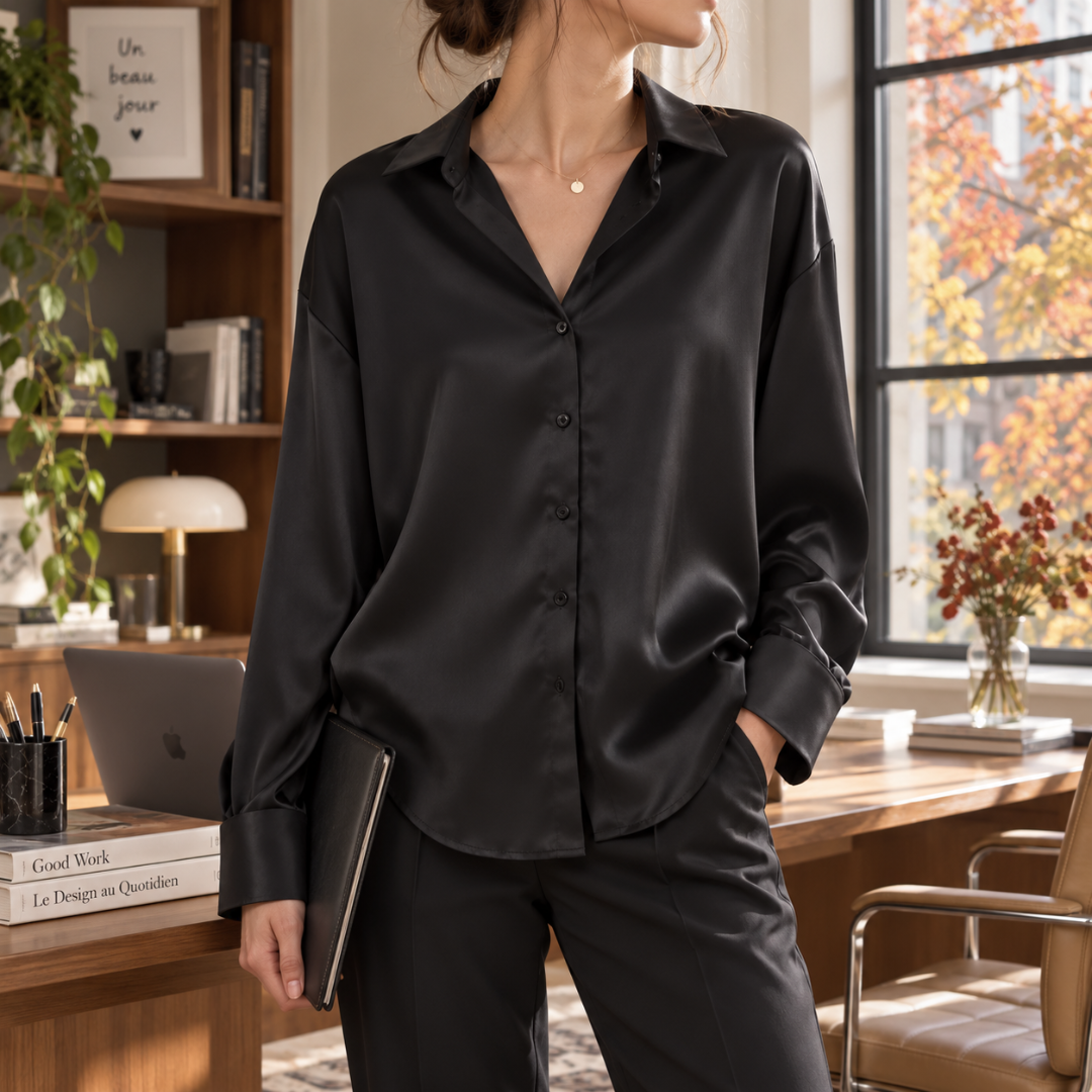 Chemise femme noire brillante à patte de boutonnage et épaules tombantes