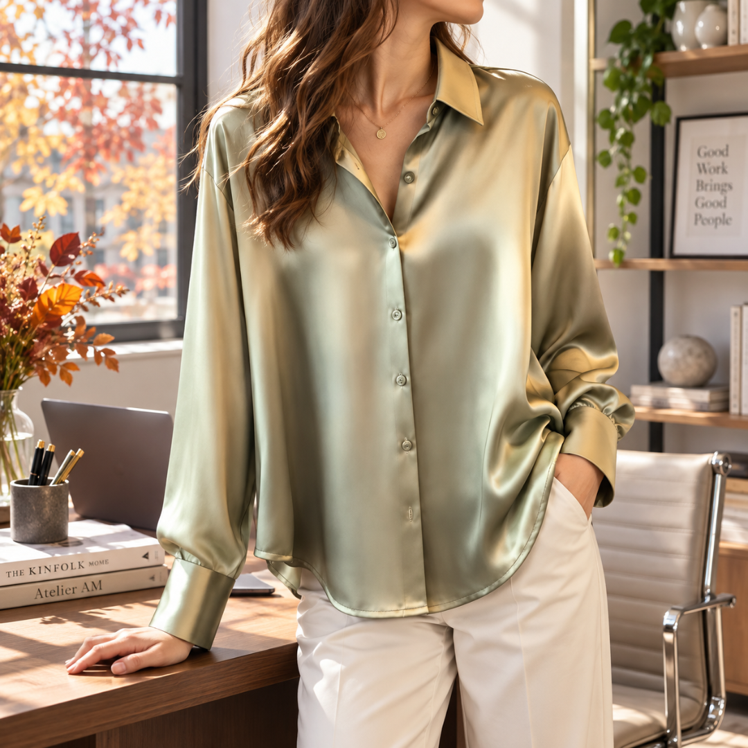 Chemise femme vert doré aux reflets brillants, col pointu et bas arrondi