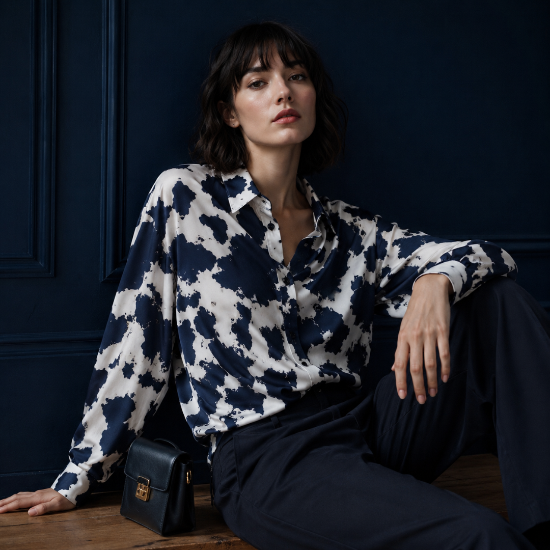 Chemise bleu marine et blanche à imprimé graphique, coupe ample et poignets fermés