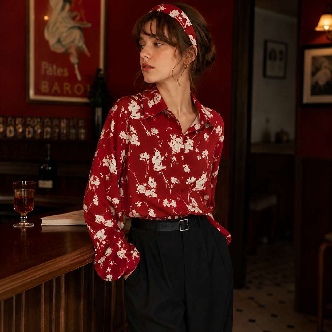 Chemise femme rouge à imprimé fleuri blanc portée avec pantalon noir taille haute