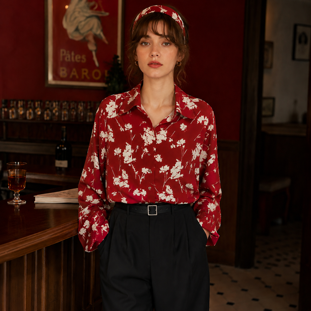 Chemise rouge imprimée de face, col pointu ouvert et patte de boutonnage centrale