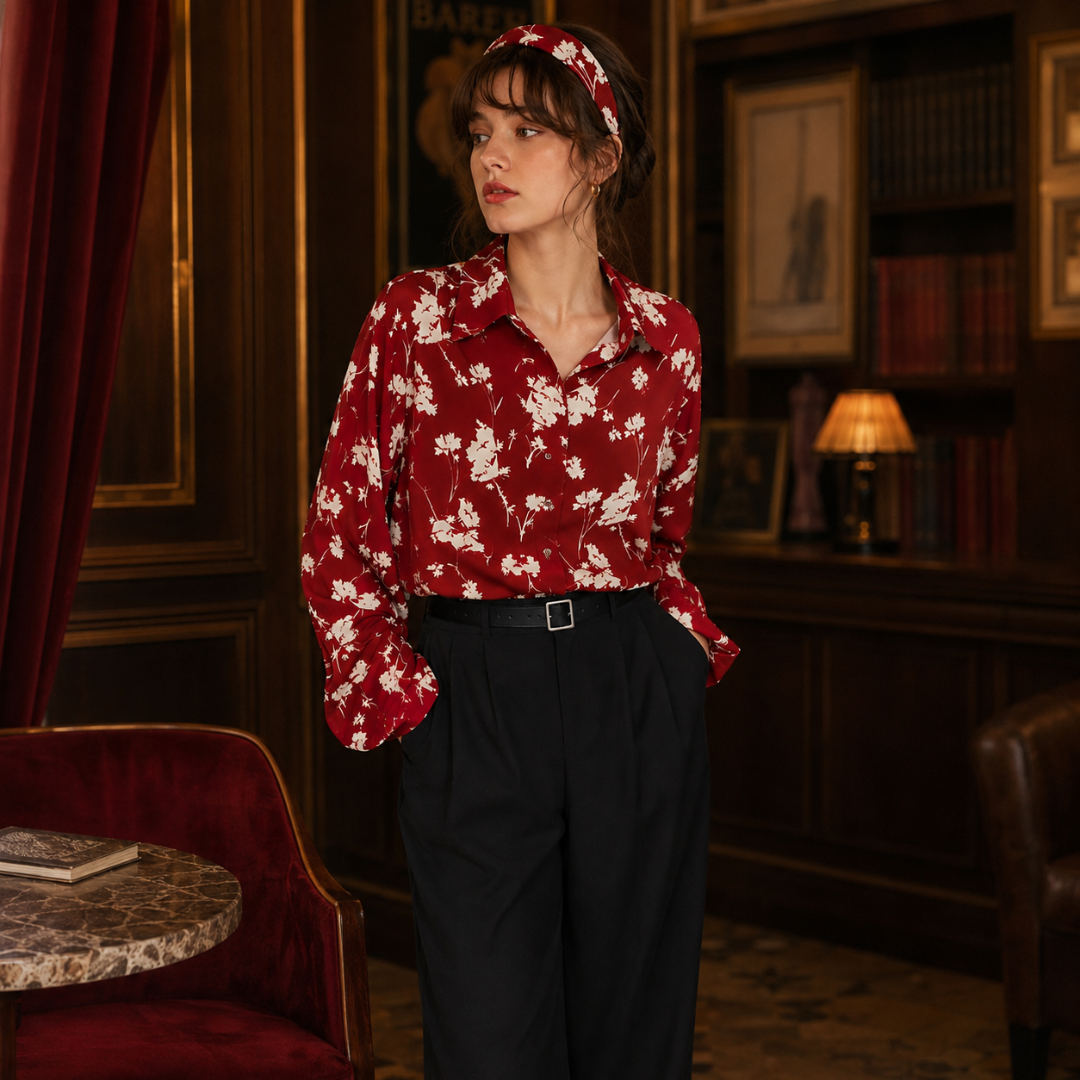 Chemise femme rouge fleurie au tombé fluide, rentrée dans un pantalon noir ceinturé