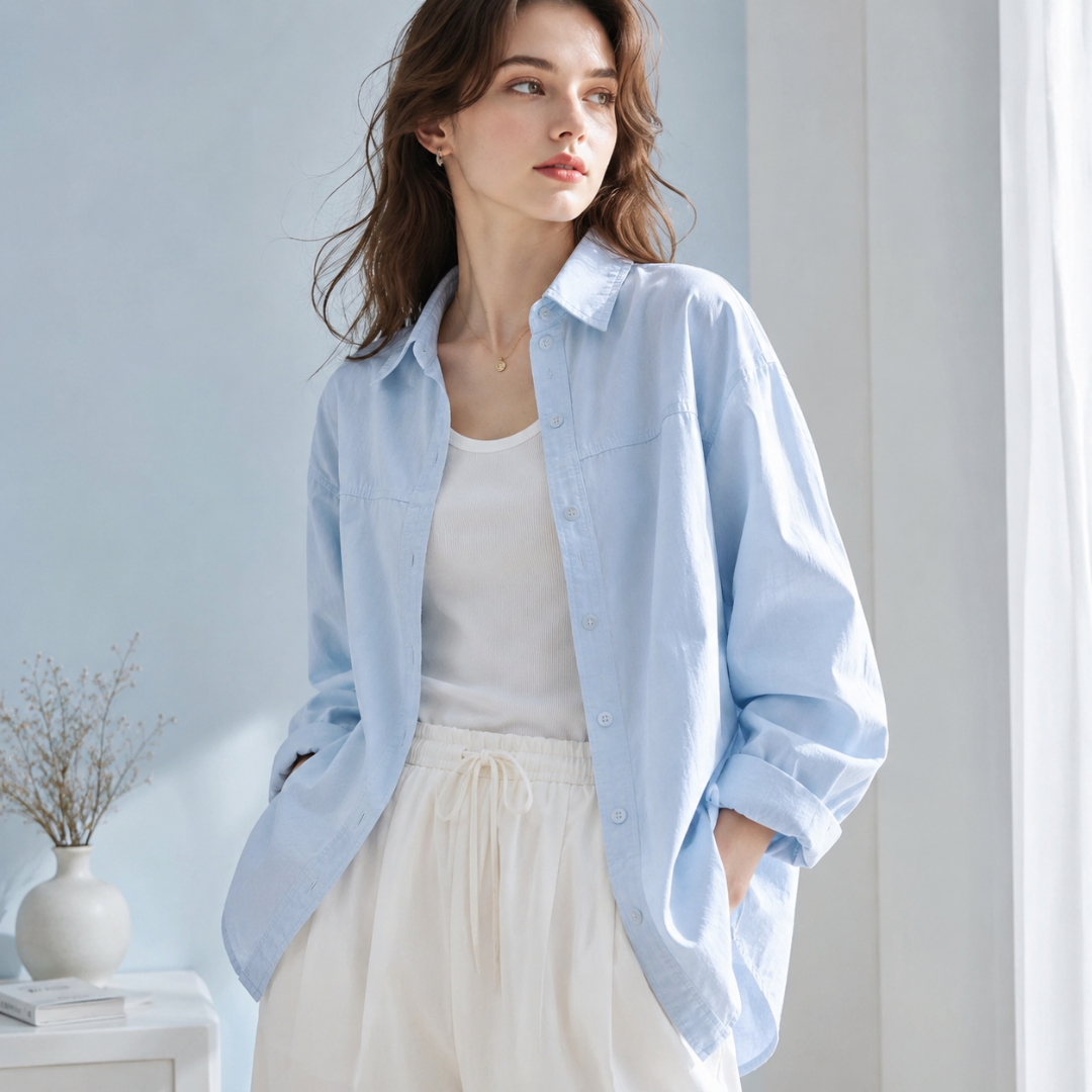 Chemise femme oversize bleu clair boutonnée partiellement sur un pantalon écru