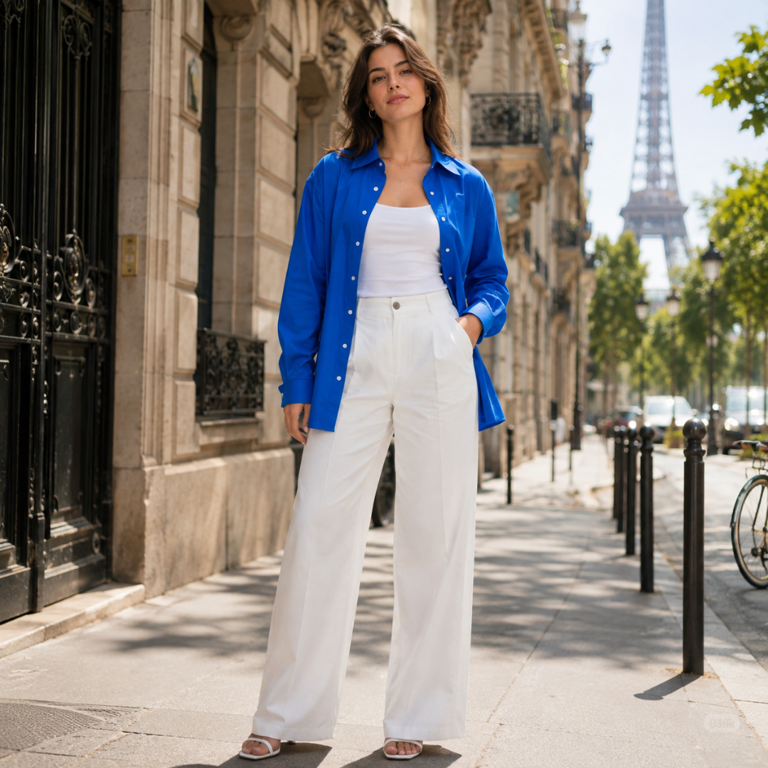 Chemise femme oversize bleue portée ouverte sur un débardeur blanc, en rue parisienne