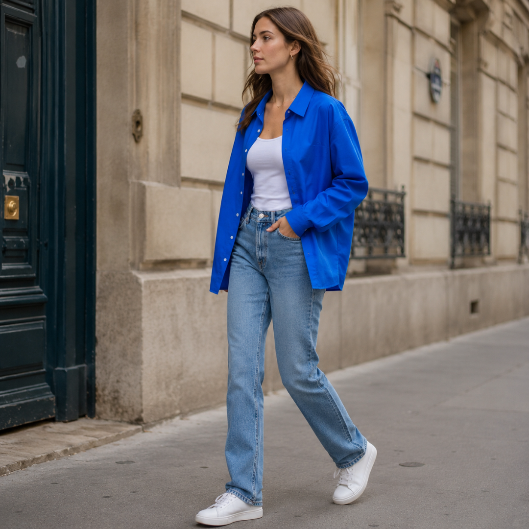 Chemise oversize bleue à manches longues et boutons contrastants, portée avec un pantalon clair