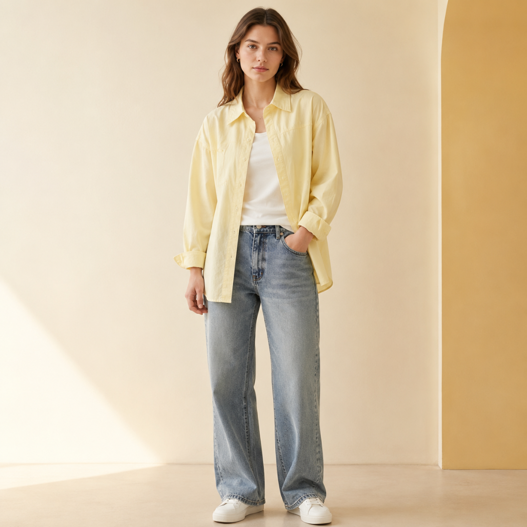 Chemise femme oversize jaune portée ouverte sur un débardeur blanc et un pantalon bleu