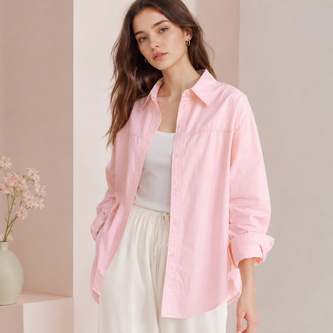 Chemise femme oversize rose pâle portée ouverte sur un pantalon fluide clair