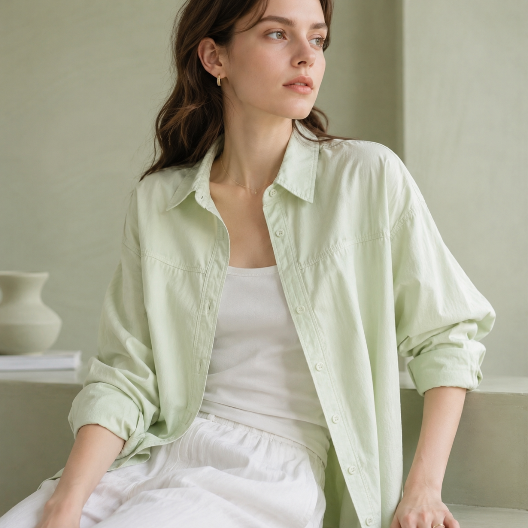 Chemise femme oversize vert tendre à manches retroussées et col chemise ouvert