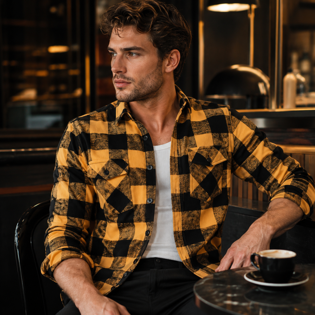 Homme assis en chemise jaune à carreaux, col à pointes et boutonnage sombre
