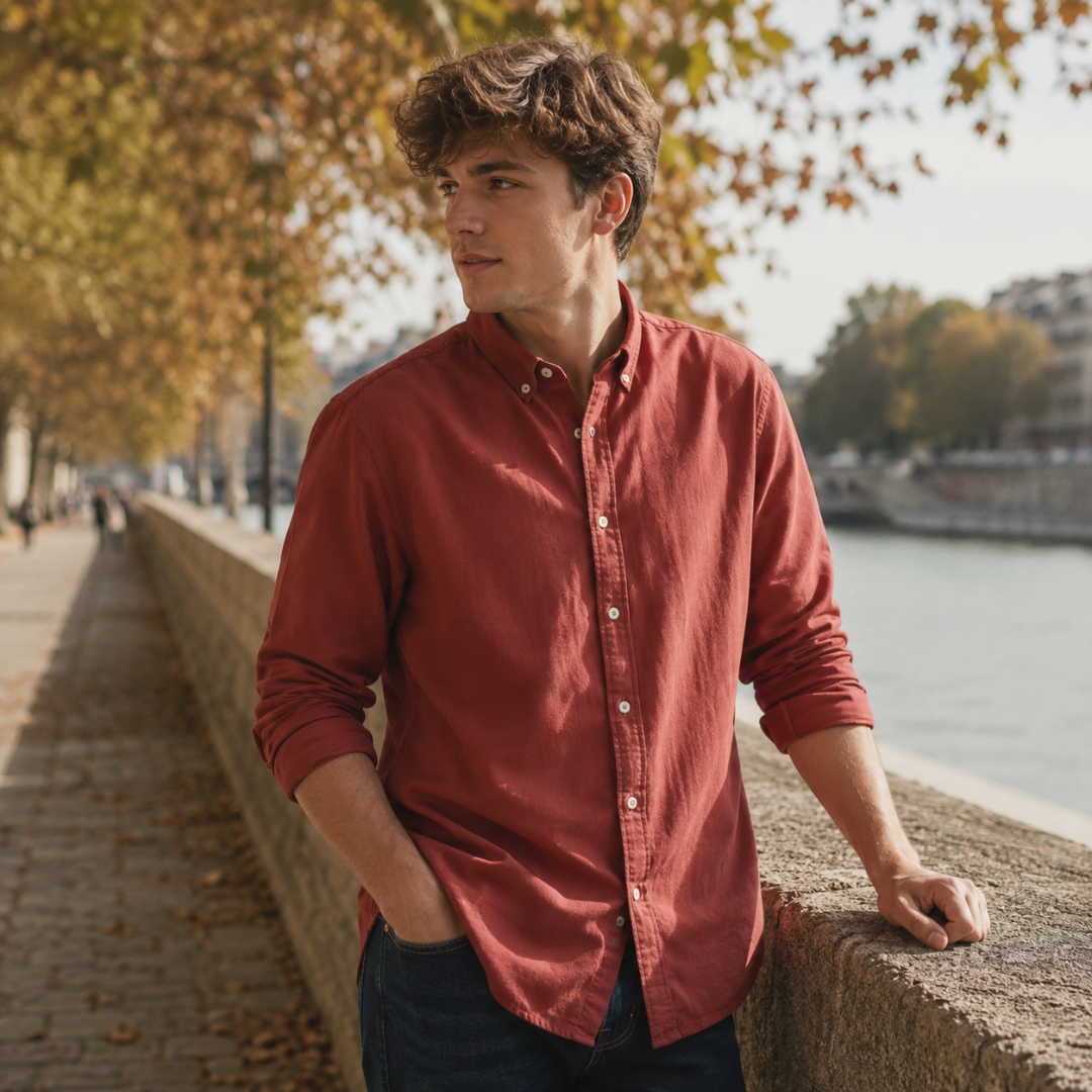 Chemise homme rouge fermée jusqu'en haut, col boutonné et manches longues sur pantalon foncé