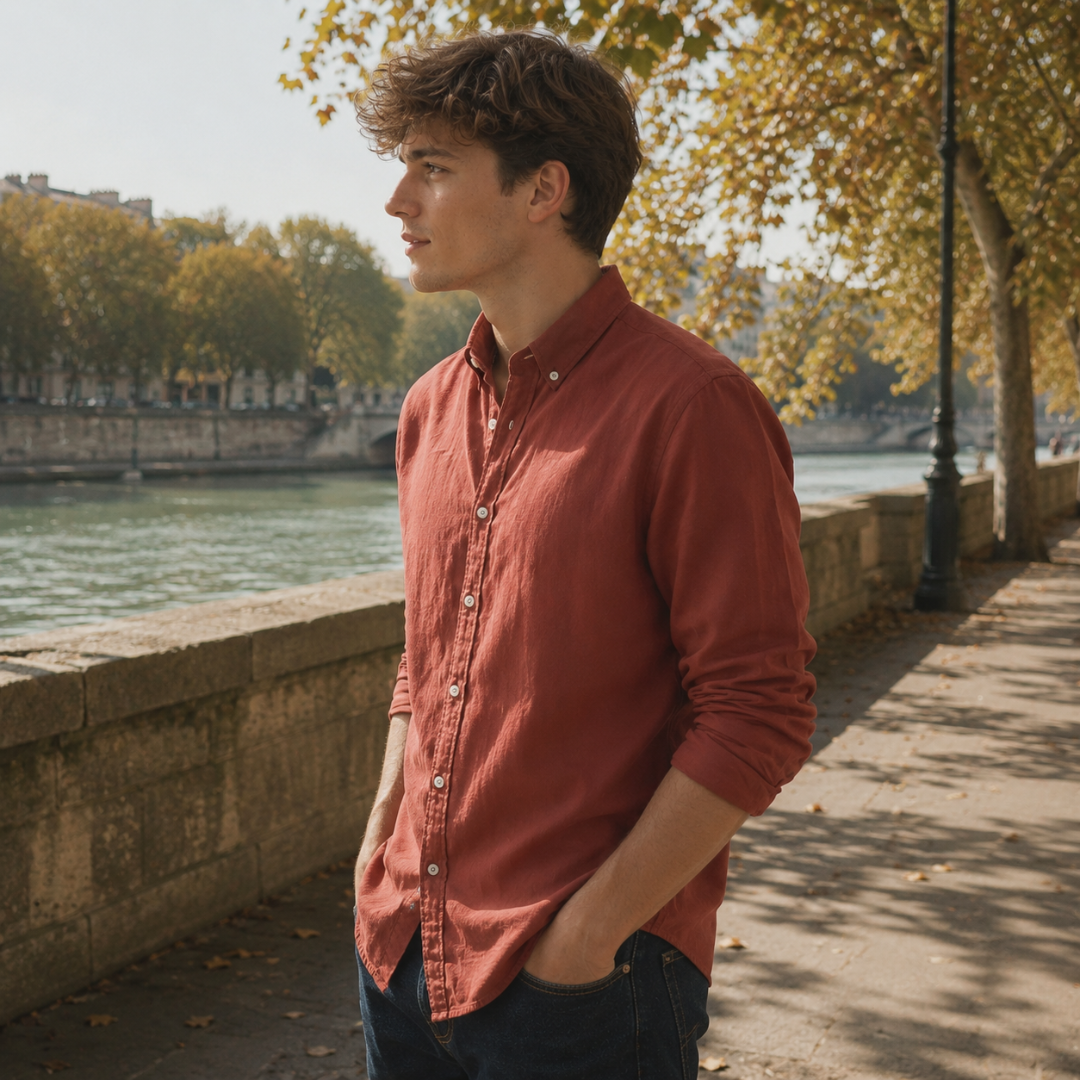 Chemise homme rouge de trois quarts, col boutonné et manches longues